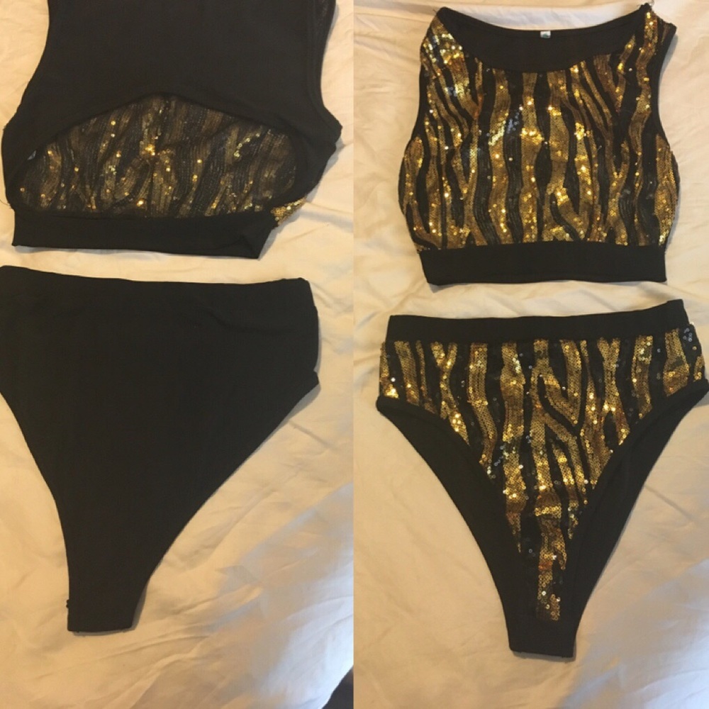 2 piece  Sequin Black & Gold Swimsuit